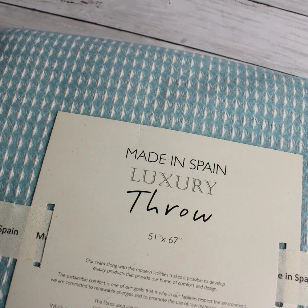 Made in Spain Throw Blanket Blue Cream with Fringe Cotton Blend